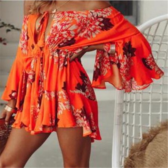 Boho Orange Floral Print Bell Sleeve Romper - Picture 5 of 7
